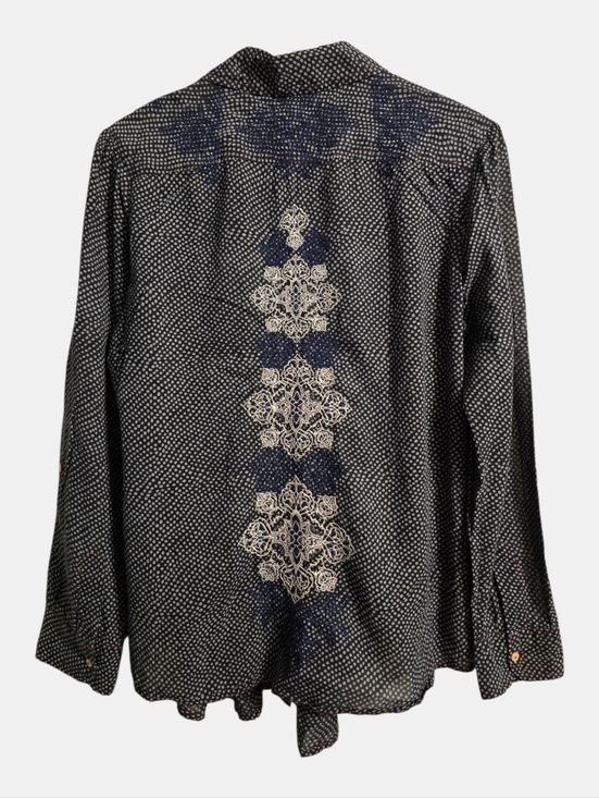3J Workshop by Johnny Was Top Blouse Medium Navy Polka-Dot Embroidered Boho-Chic - Picture 7 of 11